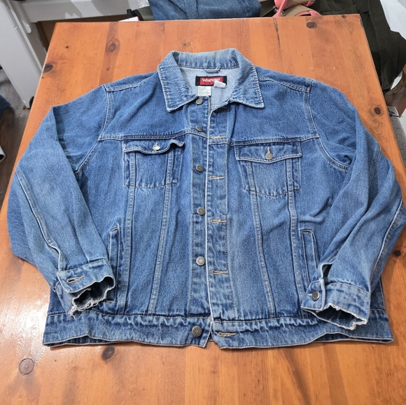 Y2K 90s Wrangler Hero Distressed Trucker Medium Blue Jean Jacket Unisex Mens XL - Picture 1 of 7